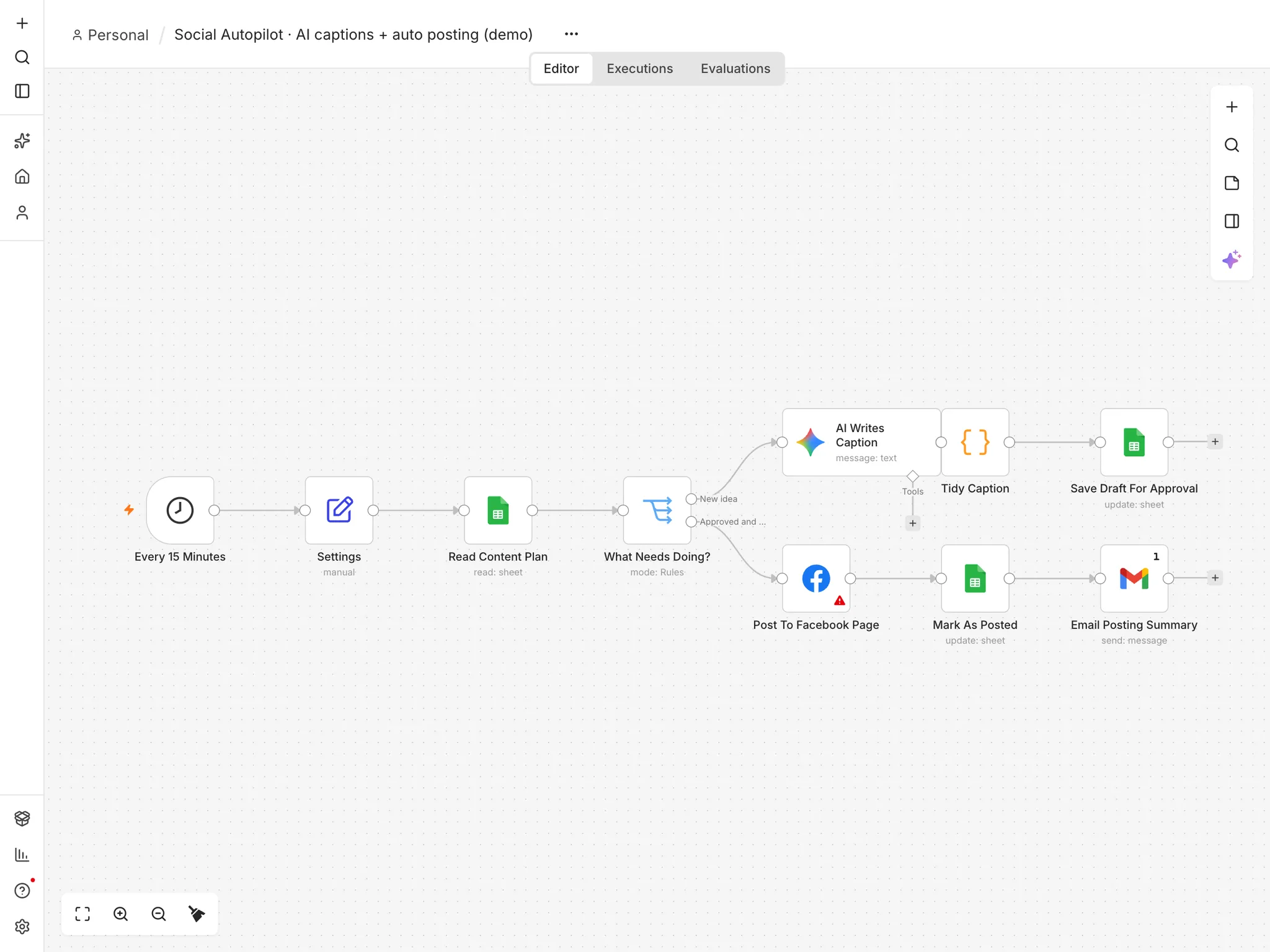 Content, enquiries, DMs and calls set up together the way one small business would run them: approved posts go out, form leads land in a CRM with an alert, DMs qualify themselves and the phone gets answered.