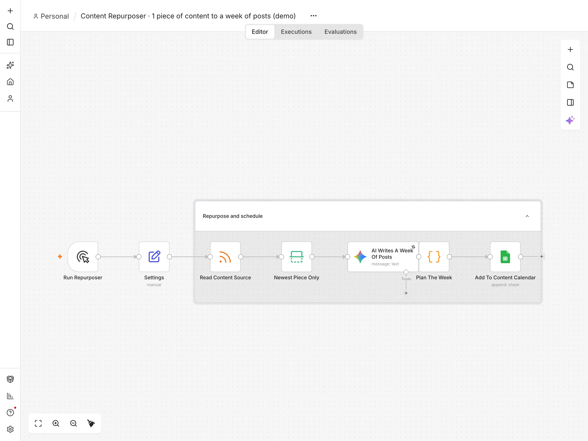 Reads the newest article from a blog or RSS feed, asks Gemini for seven posts from different angles, and dates them in a content calendar. Nothing goes out until it is approved; approved posts publish on their day.