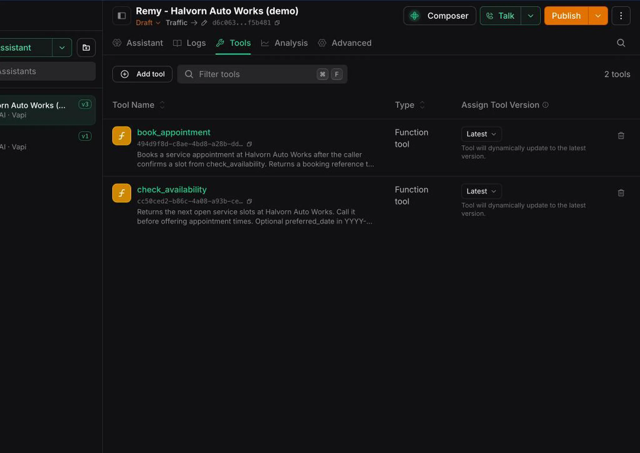 The voice assistant answers, asks about the problem one question at a time, checks open slots through n8n and books the job with a reference number. The owner gets a short email summary of every call.