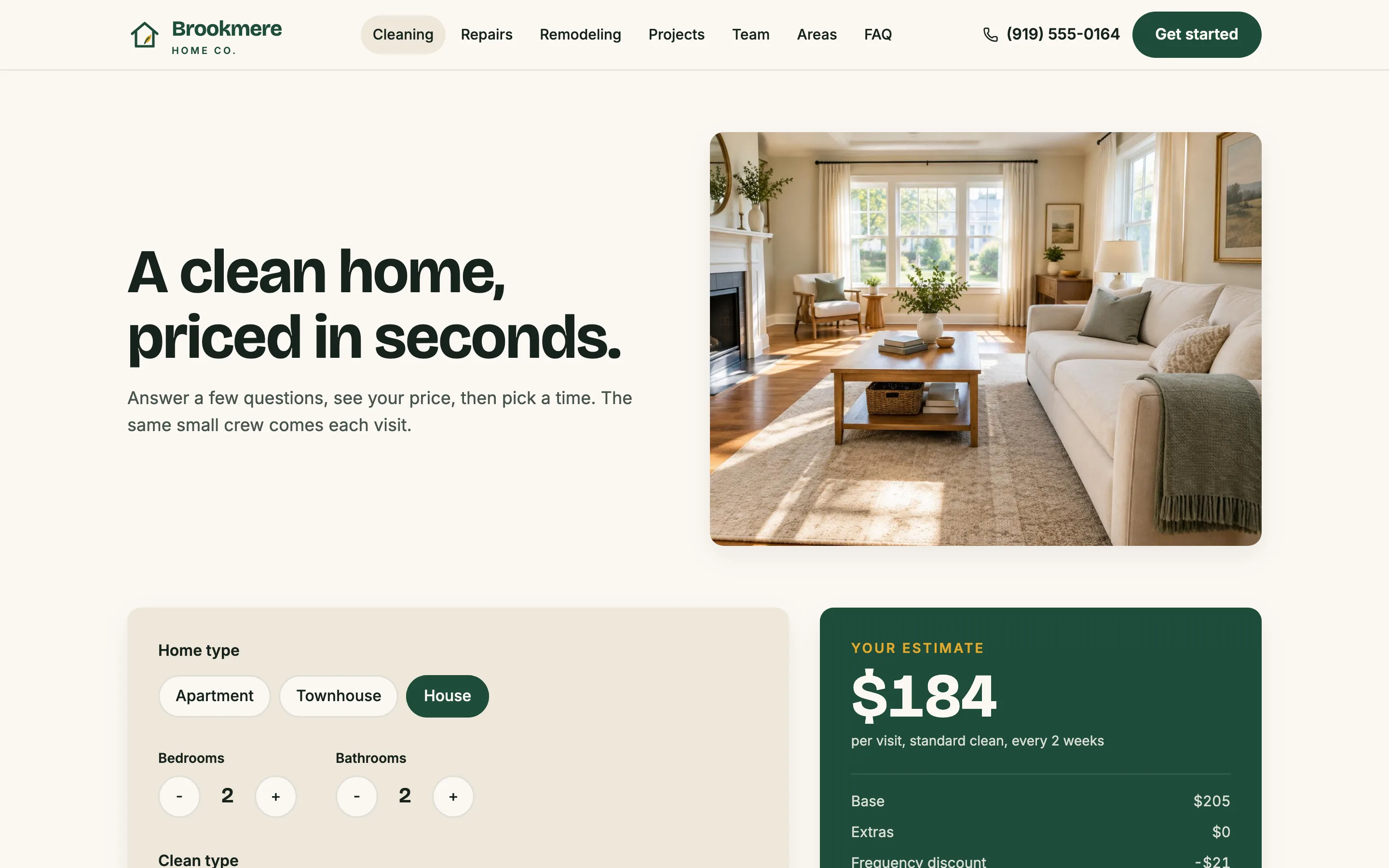 Cleaning page with a live price and a calendar to pick a day.
