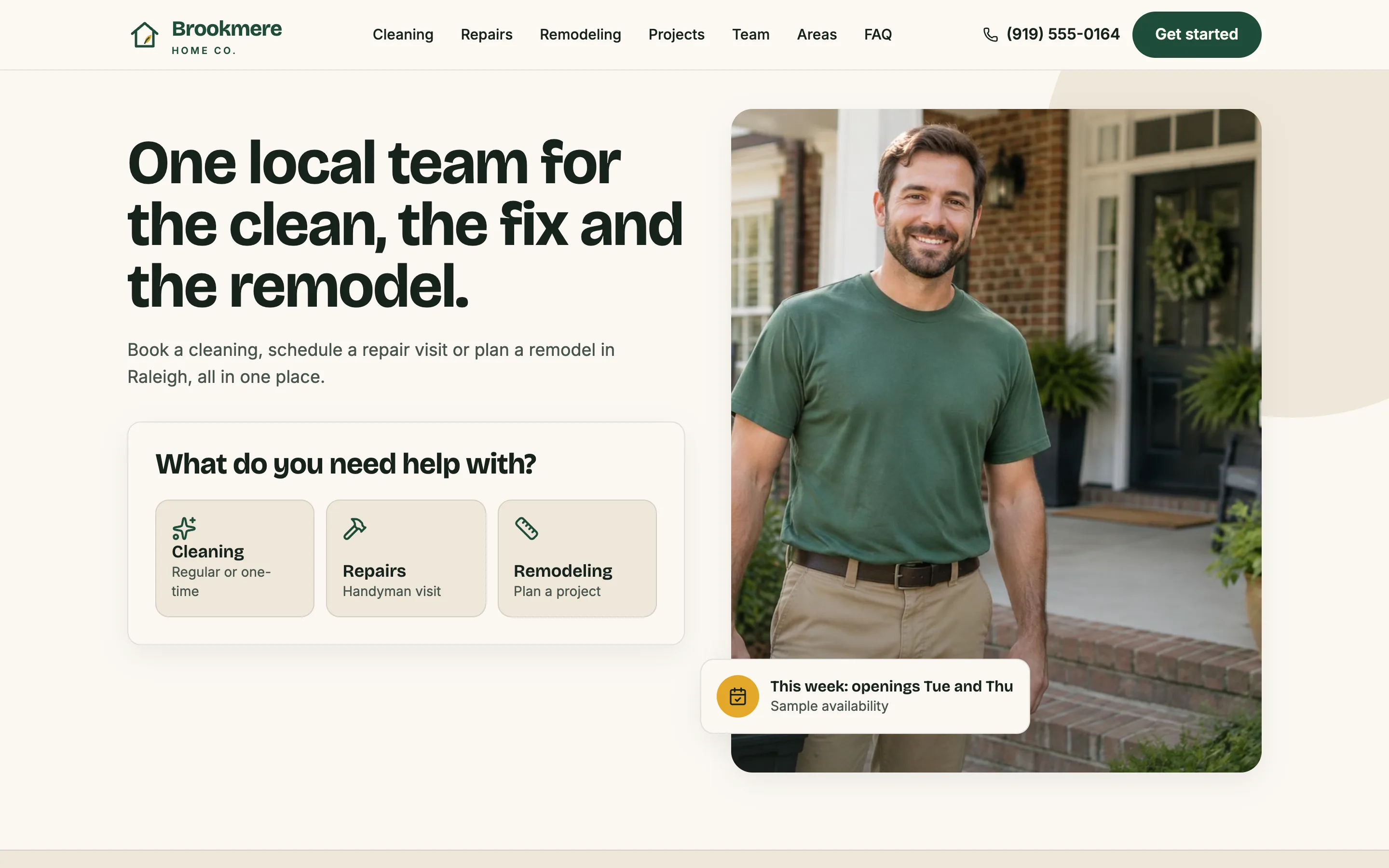 Home services home page asking what the visitor needs help with.