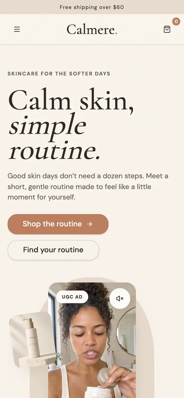 Calmere store on a phone-sized screen. This is the responsive website, not a native app.