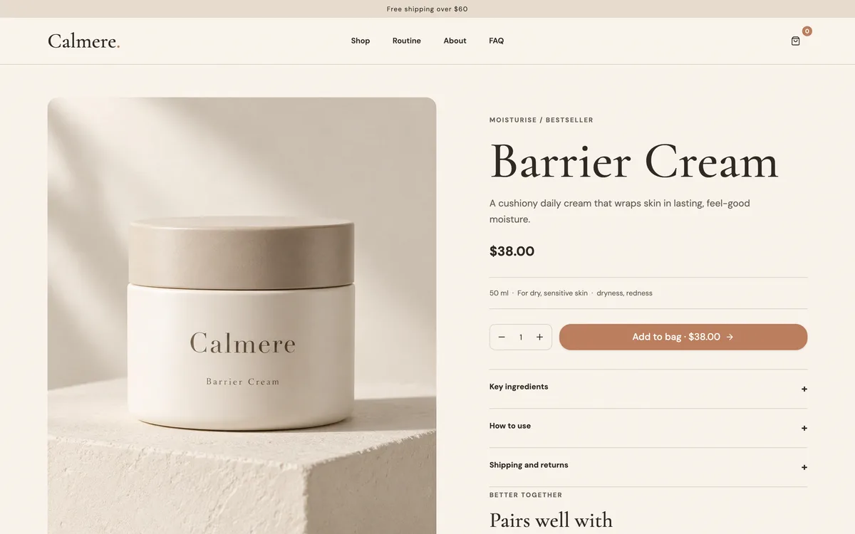 Calmere Barrier Cream product page with price and add to bag.