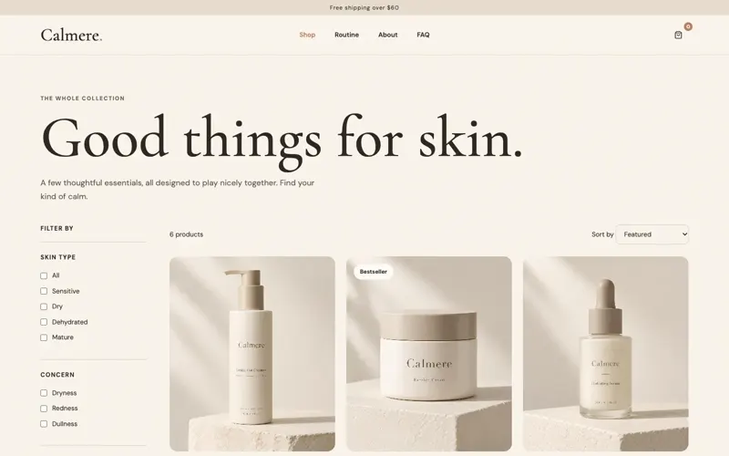 Calmere shop page with the product range.