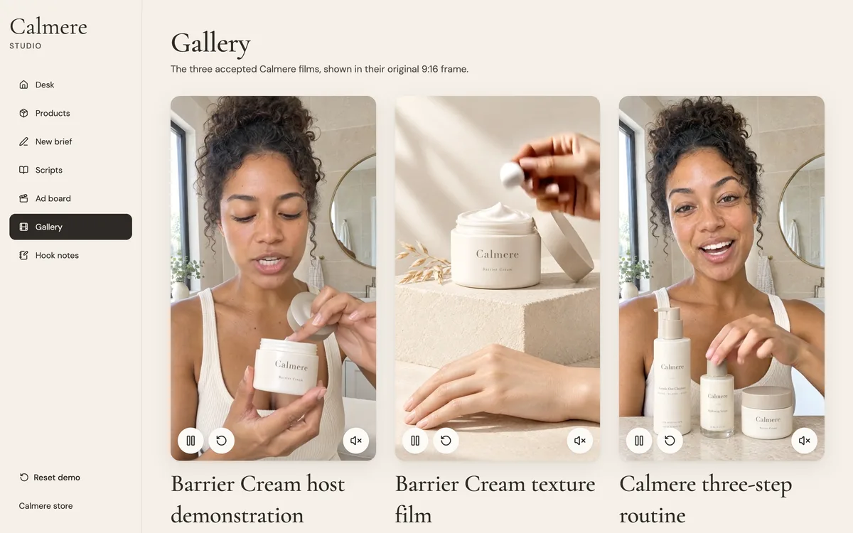 Gallery of the three finished Calmere ads in their vertical frames.