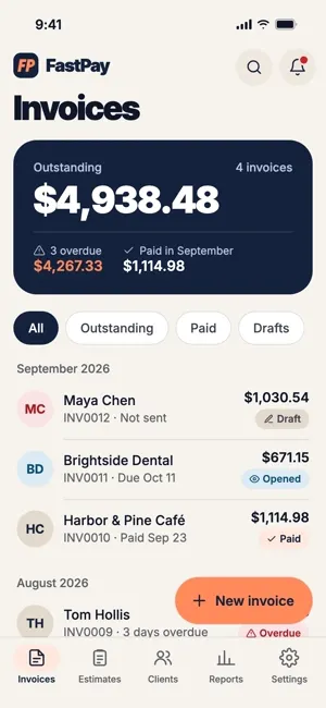 FastPay invoices screen with the amount outstanding and a list of invoices.