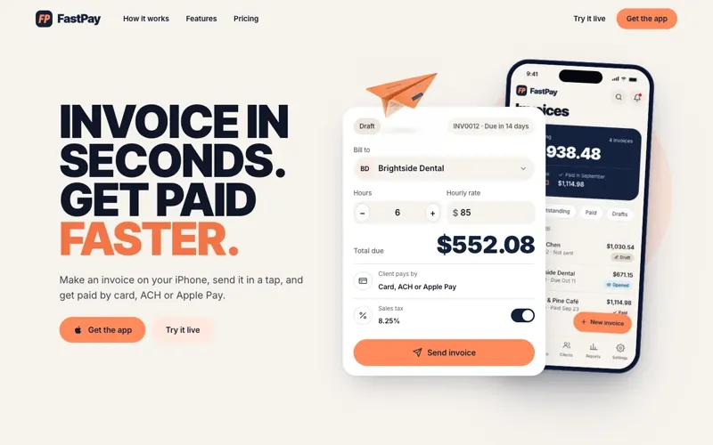 FastPay marketing landing page: Invoice in seconds. Get paid faster.