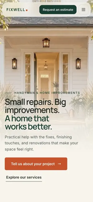 Fixwell on a phone-sized screen, the responsive website.