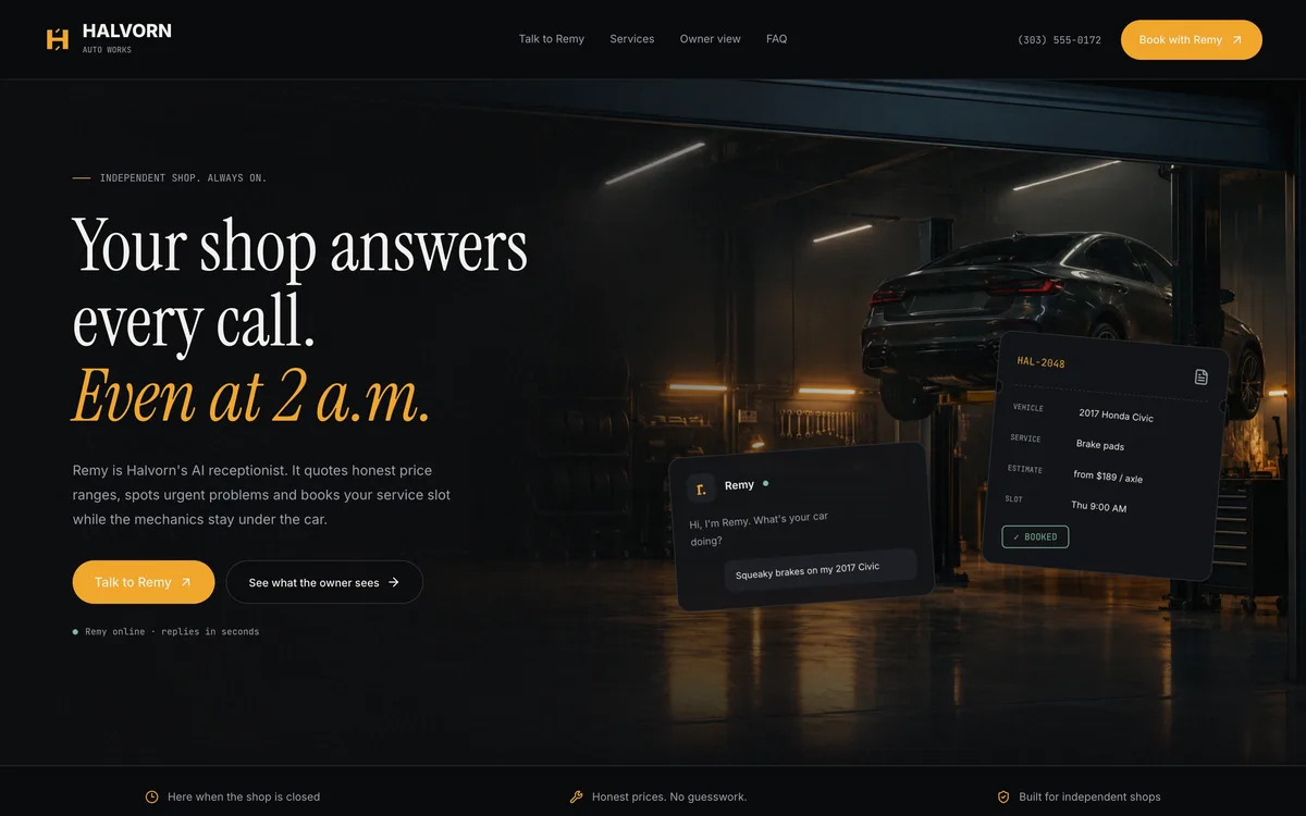 Halvorn home page: Your shop answers every call. Even at 2 a.m., with a chat preview over a night-time service bay.