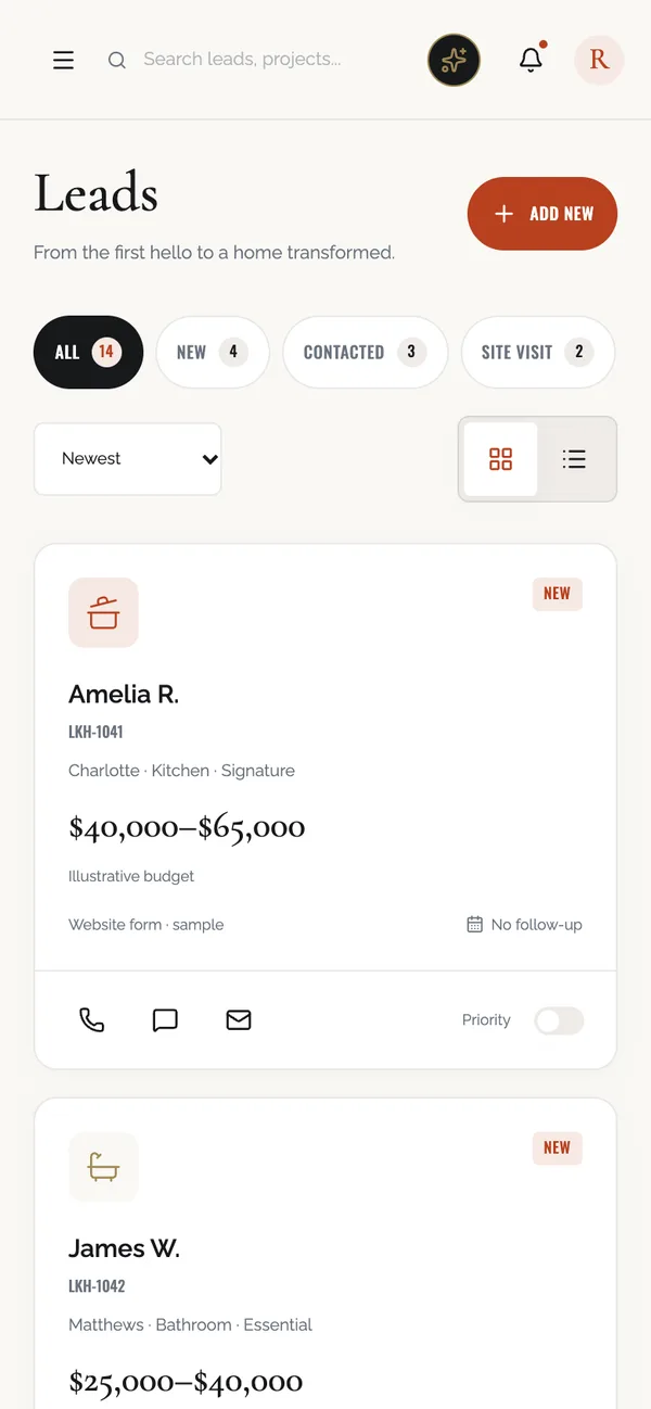 Larkhaven Desk leads inbox on a phone-sized screen.