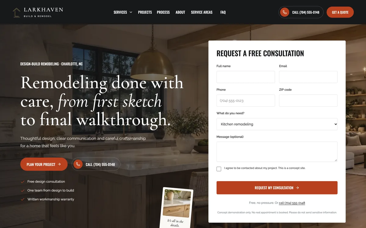 Larkhaven home: Remodeling done with care, with a consultation form beside the headline.