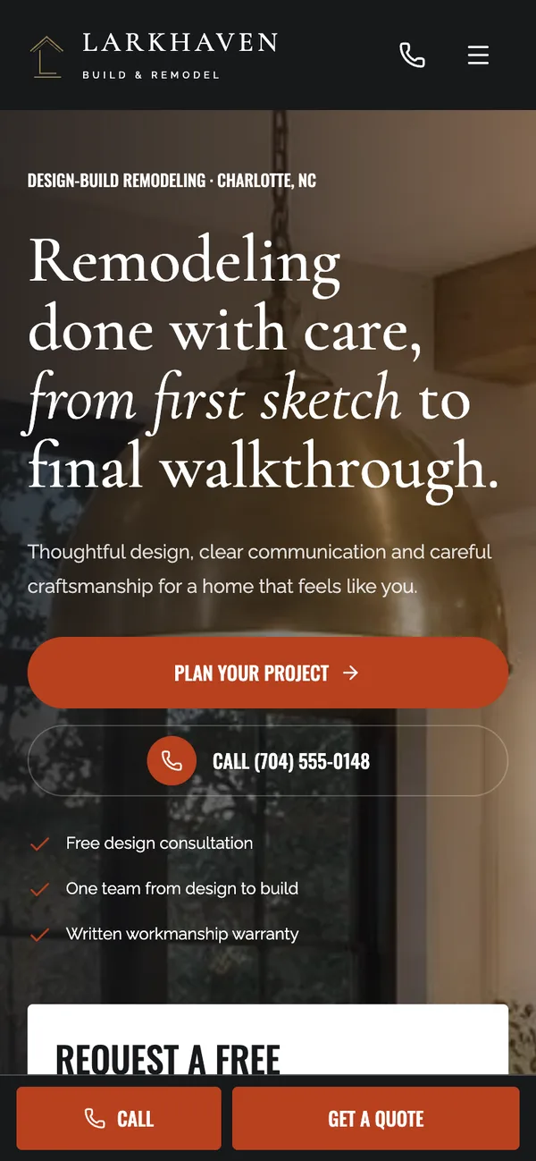 Larkhaven home page on a phone-sized screen.