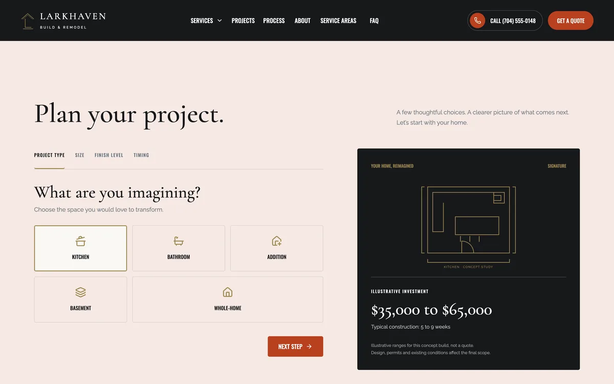 The project planner with project types and a floor plan with an illustrative budget range.