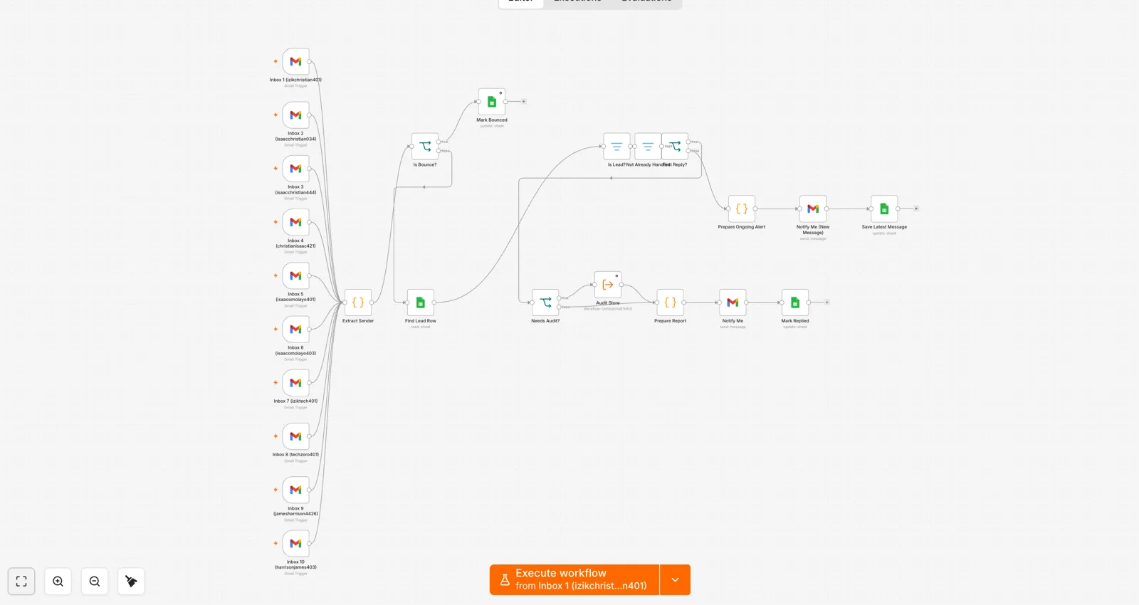 n8n canvas: ten Gmail inbox triggers, bounce check, find lead, first reply or ongoing alert, update the sheet.