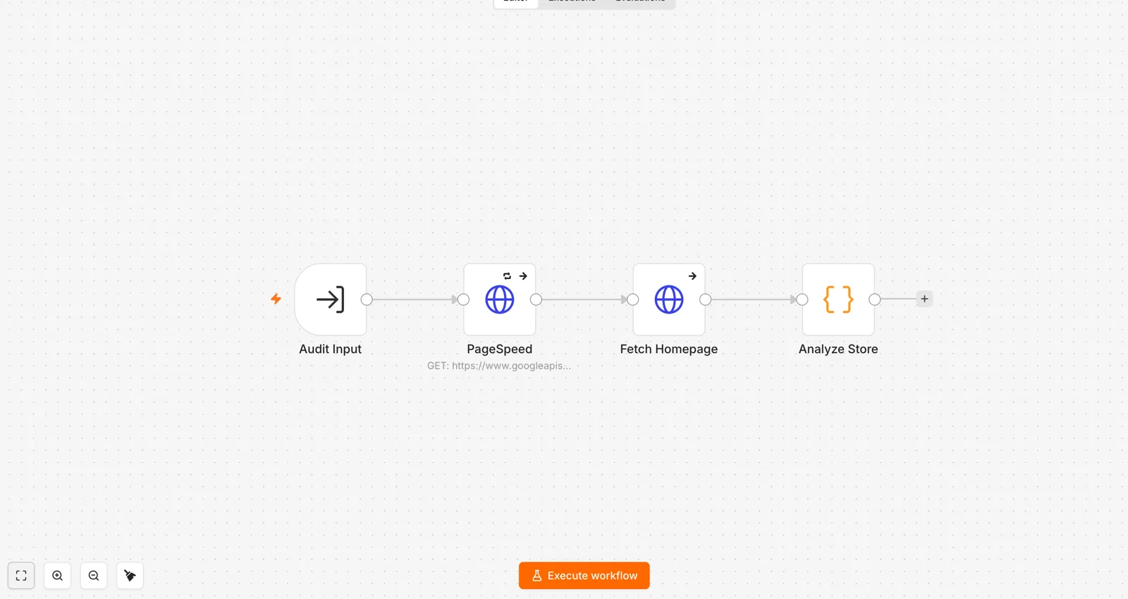n8n canvas: audit input, PageSpeed, fetch homepage, analyze store.