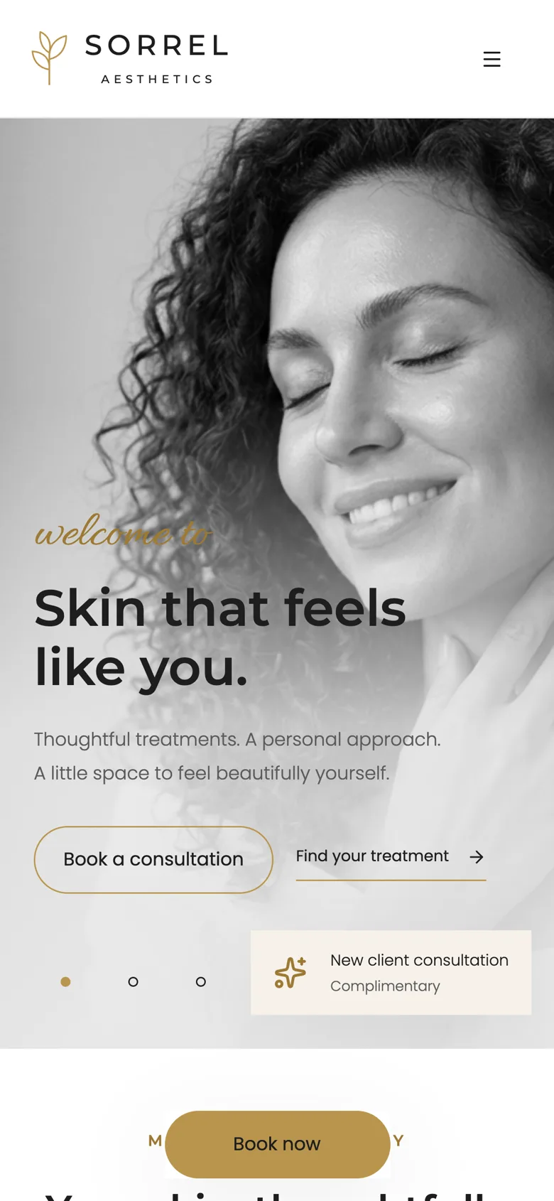 Med spa website home page on a phone-sized screen.