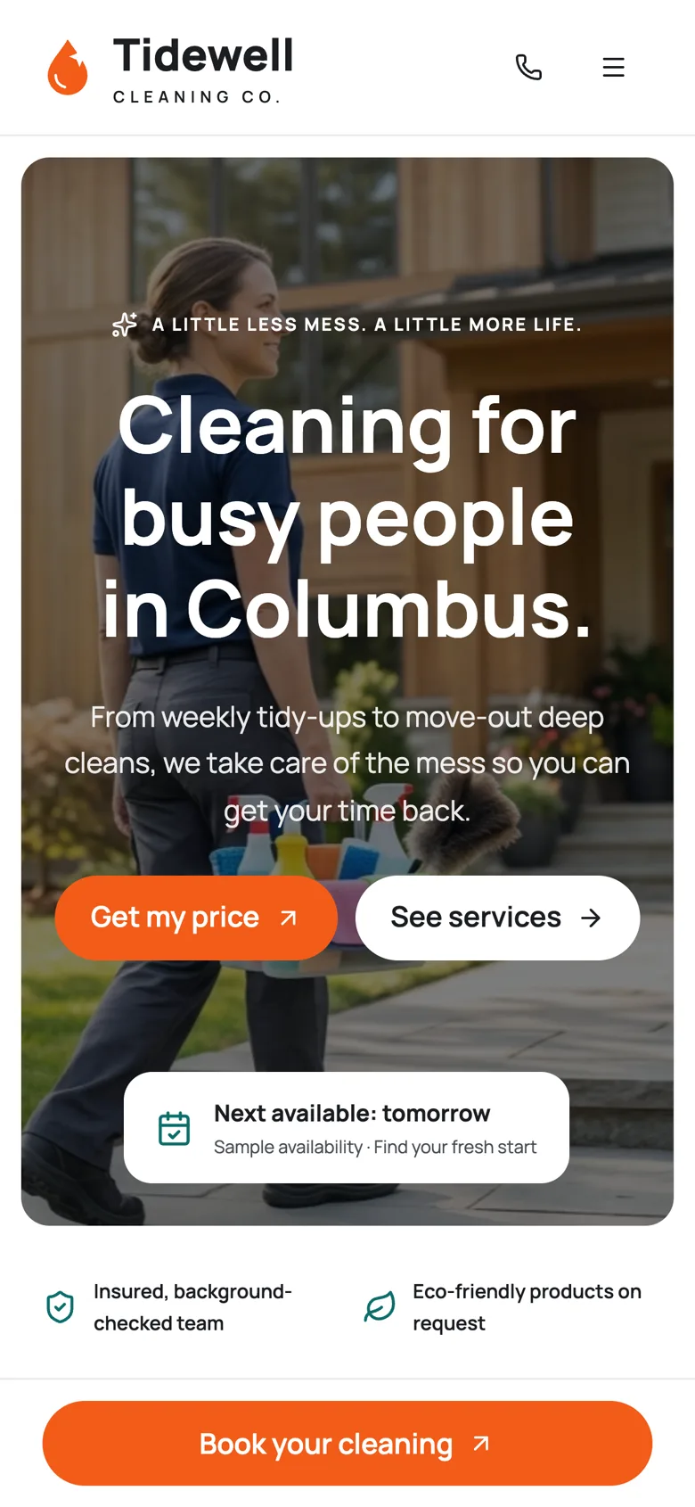 Cleaning company website home page on a phone-sized screen.