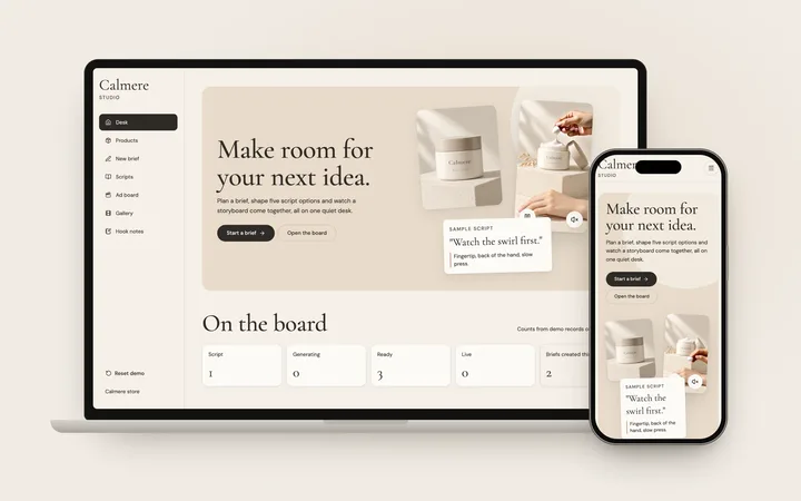 Calmere Studio desk: Make room for your next idea, with a sample script card and counts of ads on the board.