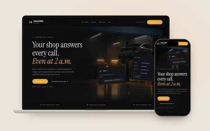 Halvorn home page: Your shop answers every call. Even at 2 a.m., with a chat preview over a night-time service bay.