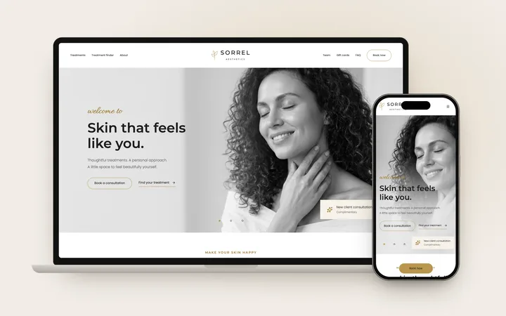 Med spa home page with a portrait and a consultation offer.
