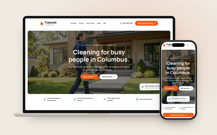 Cleaning company home page with a booking button and trust points.