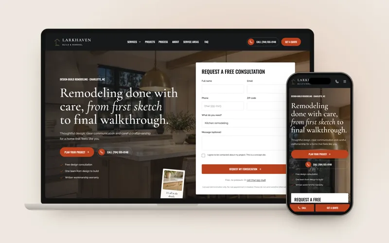 Larkhaven website with the quote form